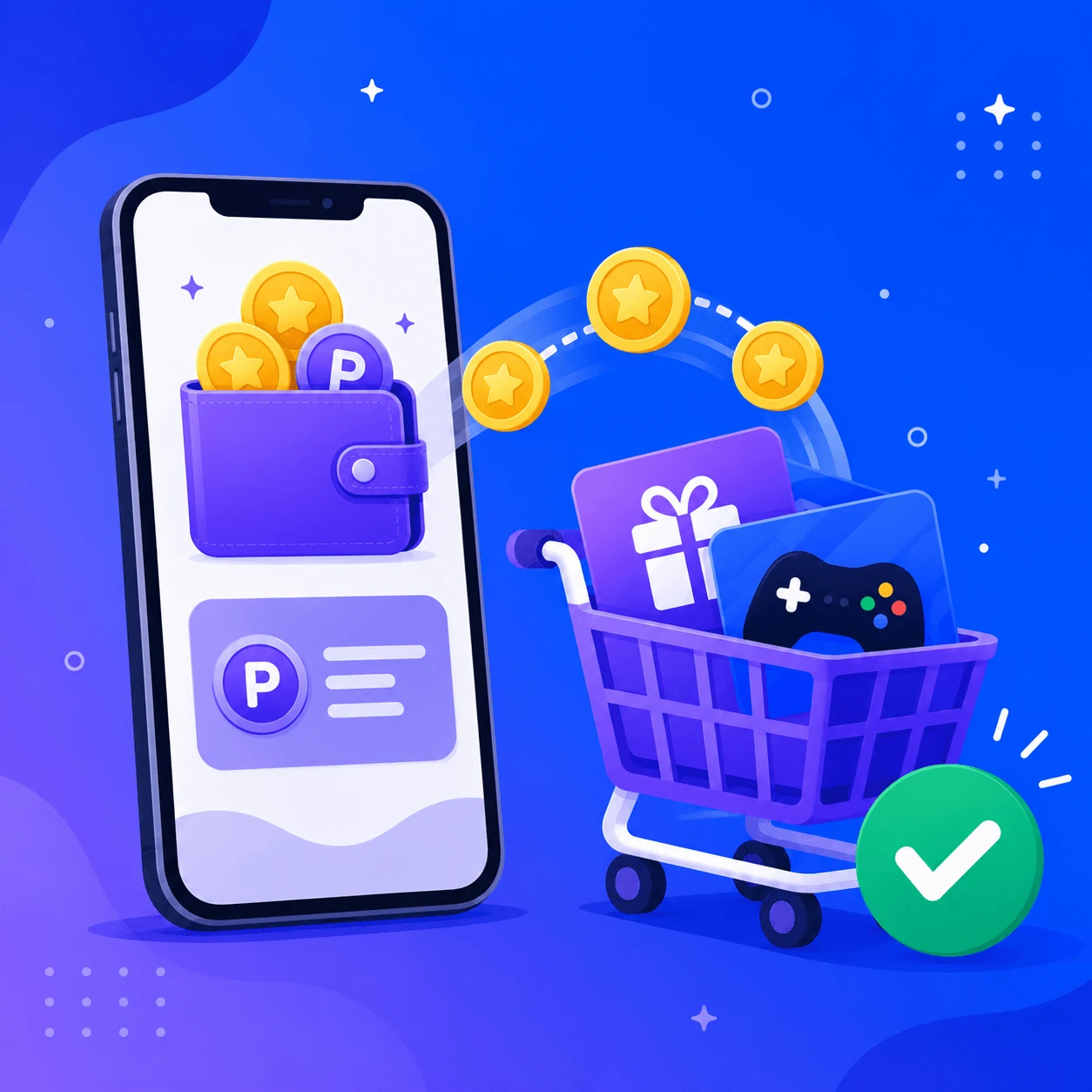 Smartphone showing points balance with coins flowing into shopping cart of gift cards and gaming products