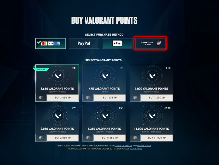VALORANT client Prepaid Cards and Codes screen for redeeming a VP code